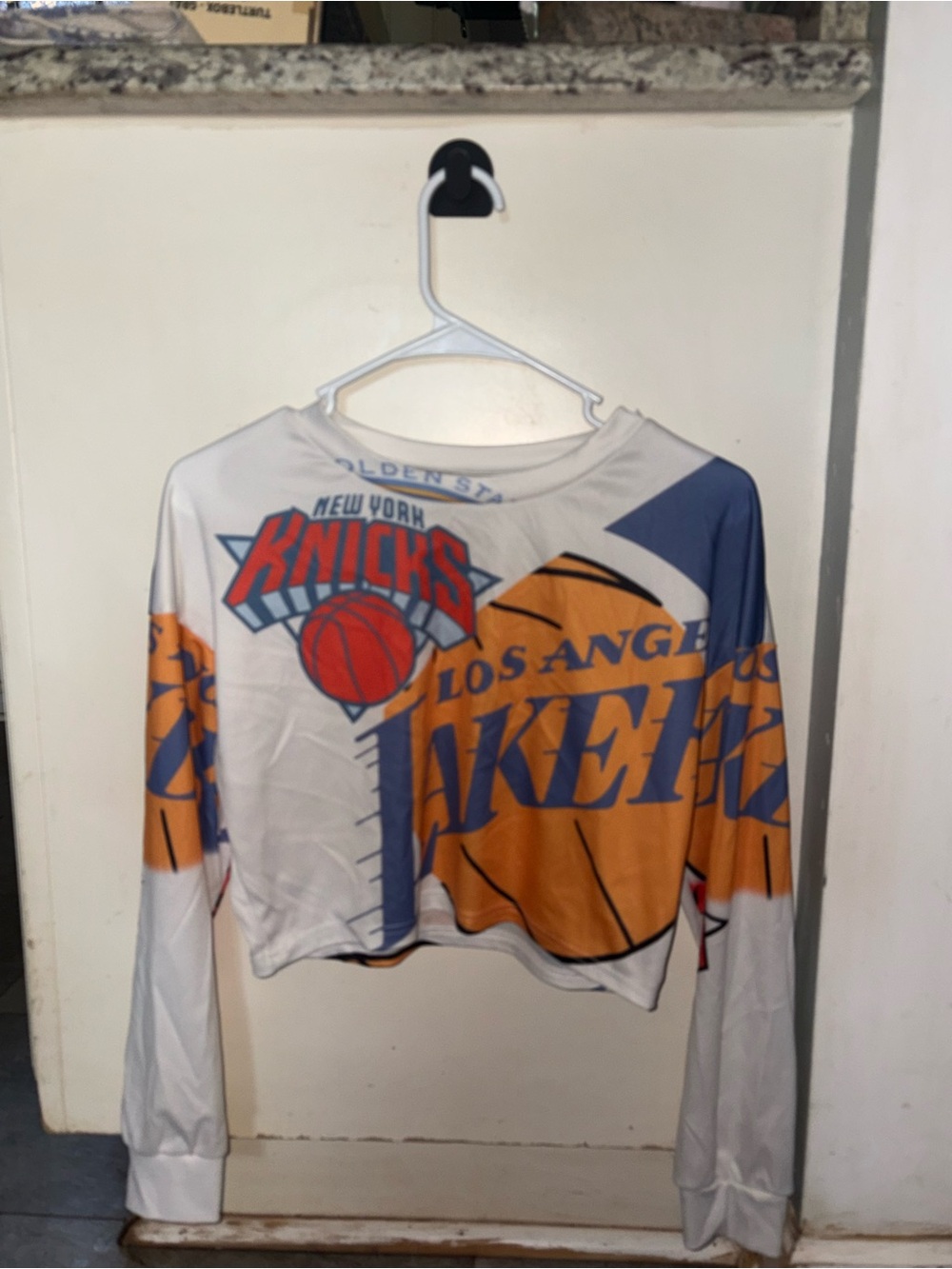 Source Unknown White, Orange & Blue NBA Mashup Cropped Long-Sleeve Top